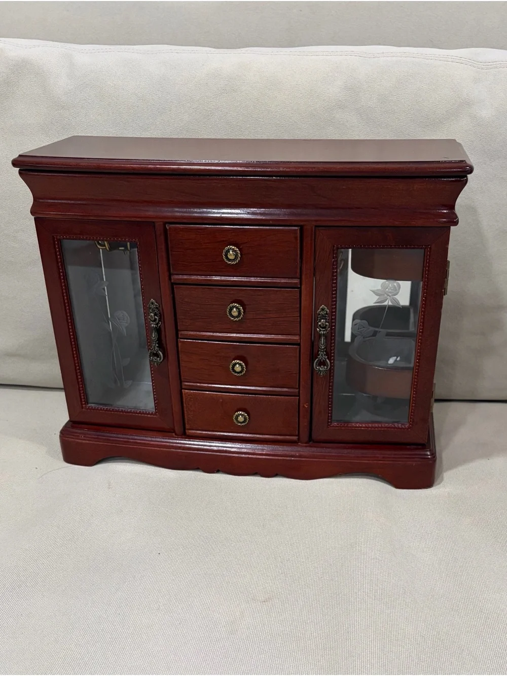 Classic Mahogany Jewelry Cabinet with Glass Doors